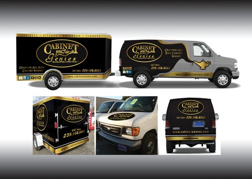 Vehicle graphic design with the title 'Cabinet Genies Van vehicle Wrap'