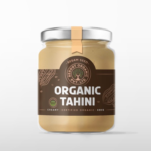 Jar label with the title 'ORGANIC TAHINI'