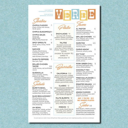 Western design with the title 'Verde Restaurant Menu'