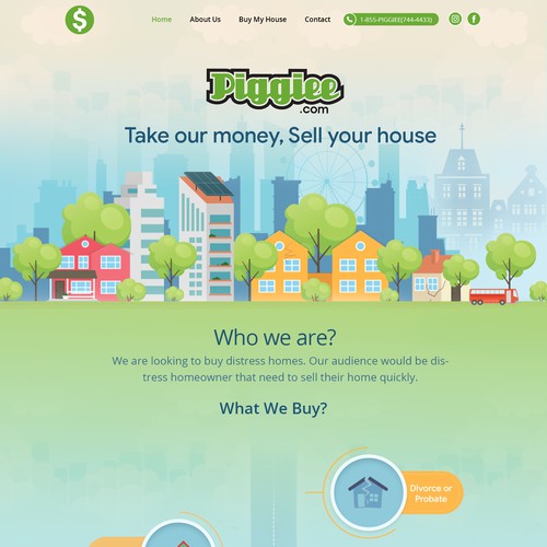 Illustrated design with the title 'Redesign a "We buy homes" website. PIGGIEE.com ($$$$$) Fast responses'