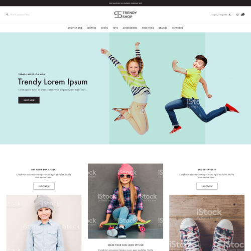 Sketch website with the title 'Homepage design for kids fashion clothes store in Denmark'