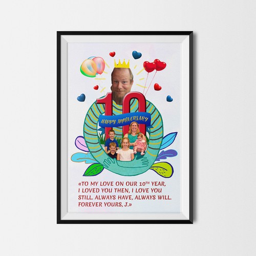 Family artwork with the title '10th Happy Anniversary'