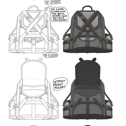 Backpack design with the title '"Belts & Daggers" Backpack'