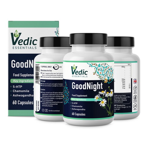 Medicine packaging with the title 'Vedic GoodNight Food Supplement Capsules'
