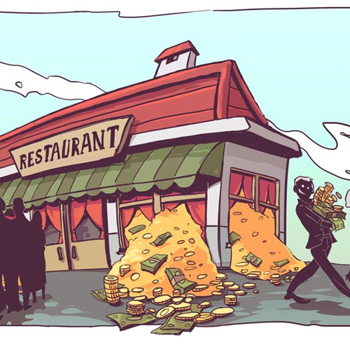 Cartoonish artwork with the title 'Income'