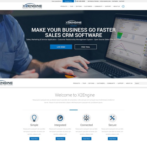 Software website with the title 'X2Engine.com needs a homepage redesign'