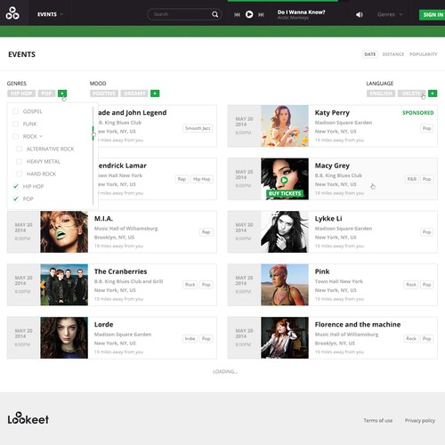 Green website with the title 'Next 5 pages for Music Streaming Service (base design attached)'