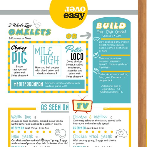 Aqua design with the title 'Fun and Hip menu for breakfast-lunch joint.'