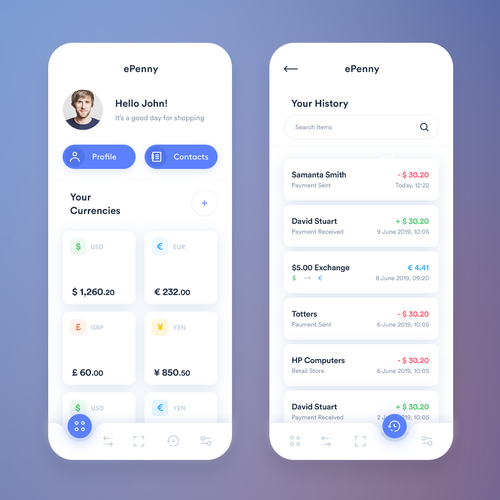 Interface design with the title 'ePenny app design proposal.'