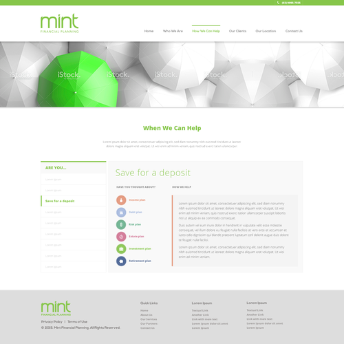 Light website with the title 'Simple solution for content heavy inside page for Financial Planning company'