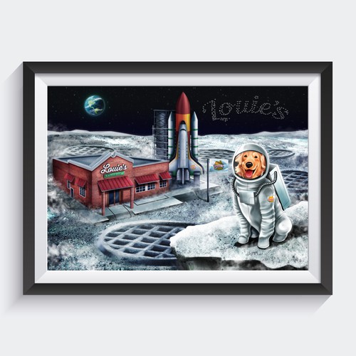 Restaurant artwork with the title 'Illustration Zeus And Louie's Waffle House On The Moon'