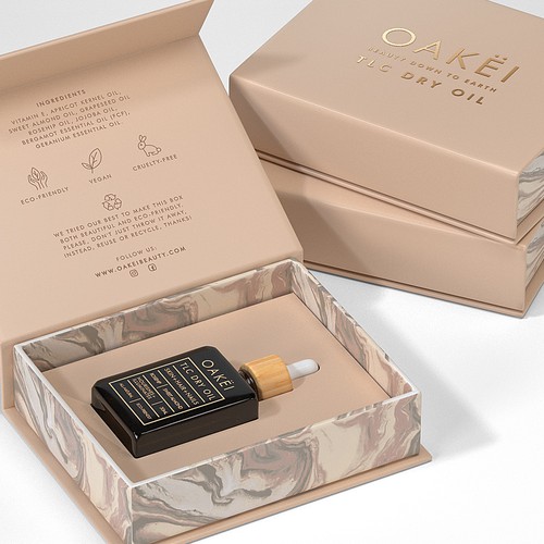 Skincare packaging with the title 'packaging for OAKEI'