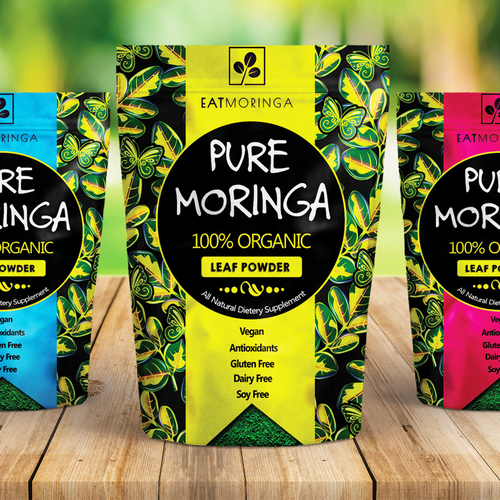 3D packaging with the title 'Pure Moringa – Organic Leaf Powder Stand-Up Pouch Design'