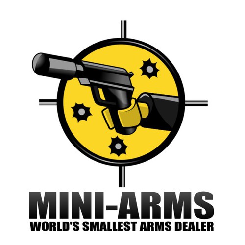 Lego design with the title 'LEGOs & Guns: design logo for Mini-Arms.com the "World's Smallest Arms Dealer"'