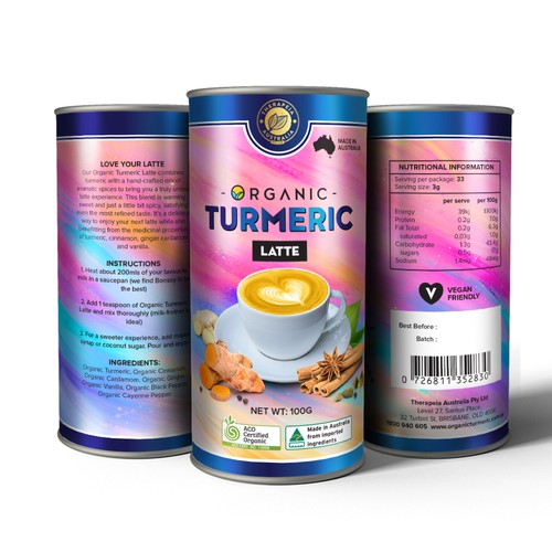 Organic label with the title 'Organic Turmeric Latte Container Design'