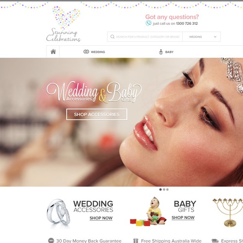 Shopping design with the title 'fun feminine Design will win this Contest for Stunning Celebrations Wedding/giftware website'
