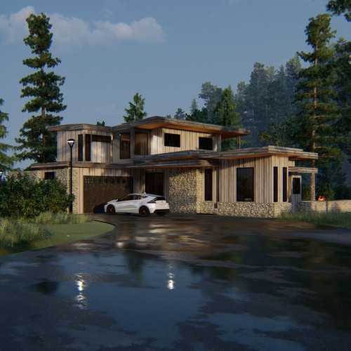 Riverside design with the title 'Rustic contemporary modern lake house design'