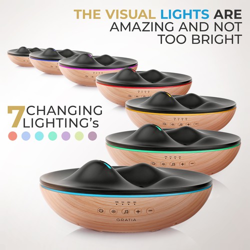 Photo editing design with the title 'Gratia Naturals Oil Diffuser Amazon Ad'