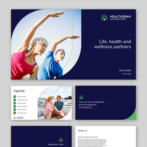 Round design with the title 'Branded PowerPoint template for health and wellness company'