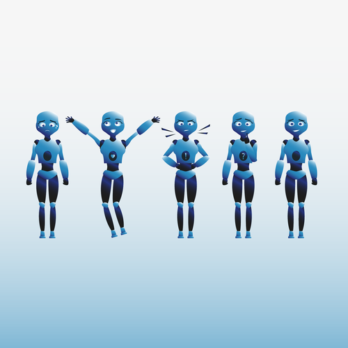 Customer service design with the title 'Female character with different expression in her face'