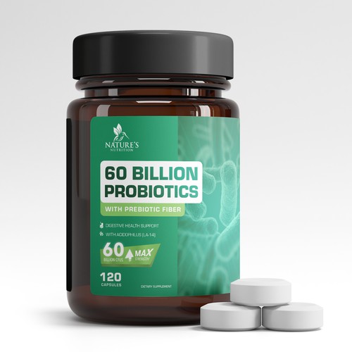 Medical label with the title '60 Billion Probiotics Capsules Medicine Packaging'