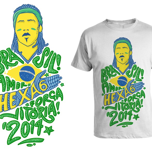 Soccer ball design with the title 'Official Brazilian Fan T-Shirt: Celebrating Hexa 6 Victory in 2014'