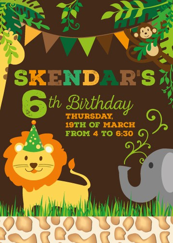 Safari design with the title 'Create a birthday invitation card for a boy age 6 safari themed'