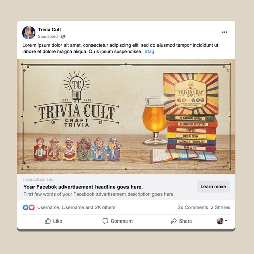 Card game design with the title 'Classic-looking Facebook ad design for a crafty trivia card game.'