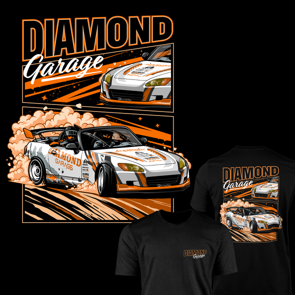 Automotive t-shirt with the title 'Diamond Garage T-shirt Illustration'