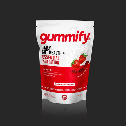 Wellness packaging with the title 'Gummify Daily Gut Health+, Essential Nutrition'