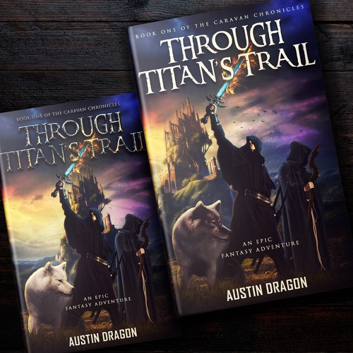 Wolf book cover with the title '"Through Titan's Trail" Artwork (Fantasy Novel)'