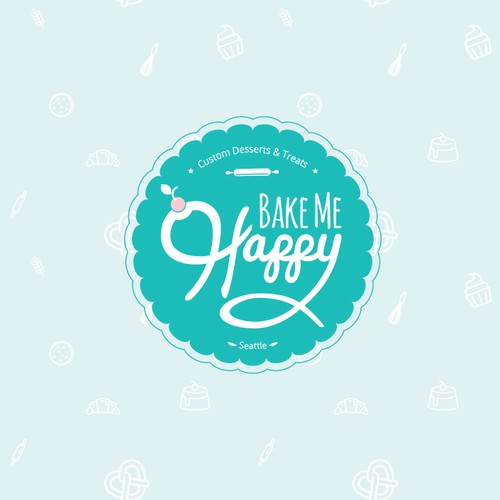 Cupcake logo with the title 'Bake Me Happy'