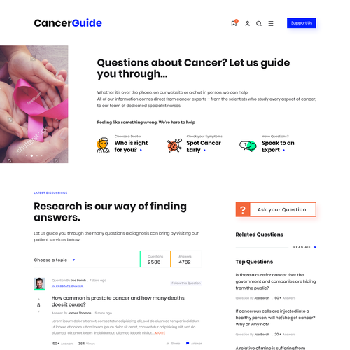 Aesthetic website with the title 'Cancer Guide/Community Discussions/ Help&Support'