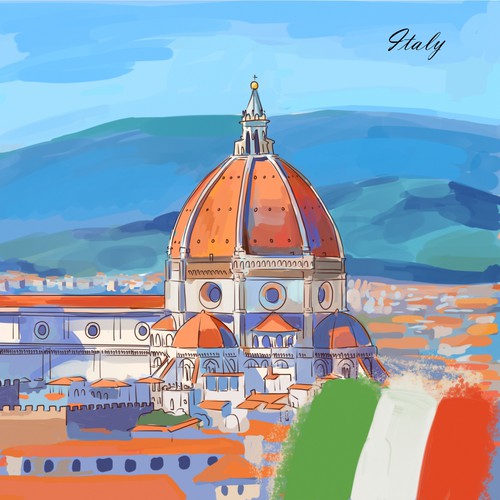 Cityscape artwork with the title 'Illustration for a travel book '