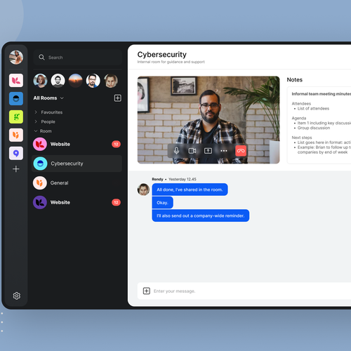 Meeting design with the title 'UI Redesign for Public Sector Communication App Integrating Element & Jitsi with Microsoft Teams Style'