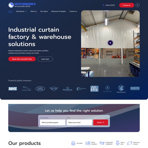 Industrial website with the title 'Industrial curtain website design- Hutchinson's PVC Solutions'