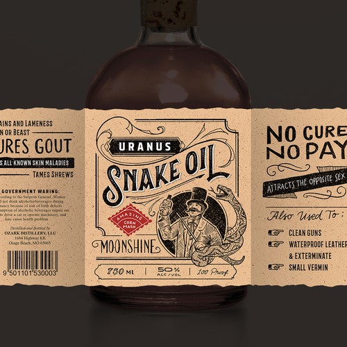 Beer packaging with the title 'Snake Oil Moonshine'