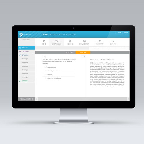 Education website with the title 'TOEFL practise page layout'