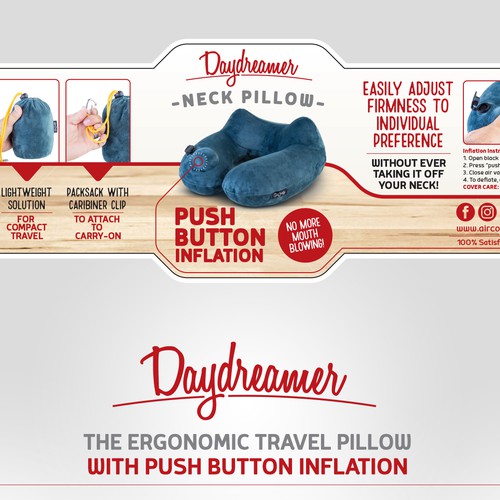 Wood label with the title 'Wrap around label design for a travel pillow'