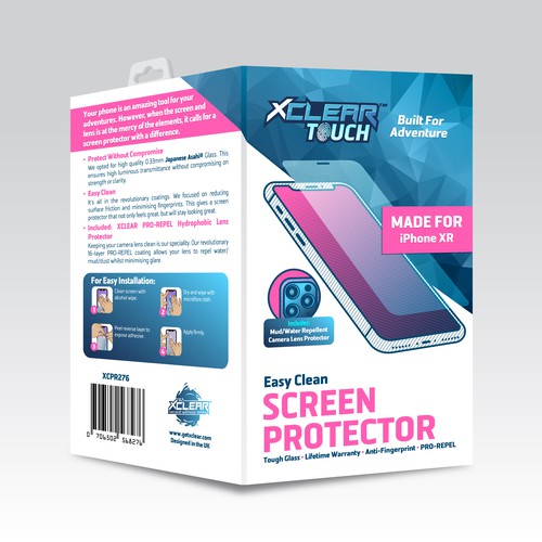 Sport packaging with the title 'Packaging for XCLEAR Phone Screen Protectors'