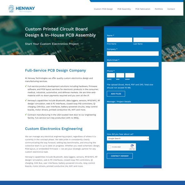 Engineering website with the title 'Landing Page For PCB Manufacturing Service'