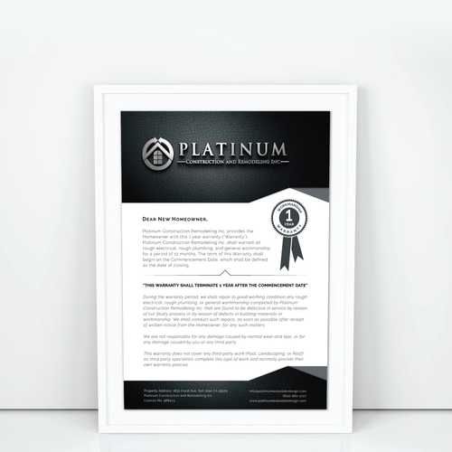 Certificate design with the title 'Certificate of Workmanship Warranty'