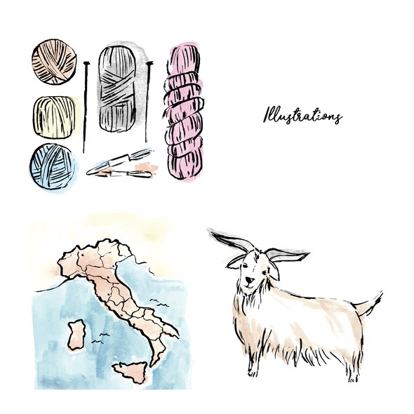 Goat illustration with the title 'Hand drawn yarn knitting related illustrations'