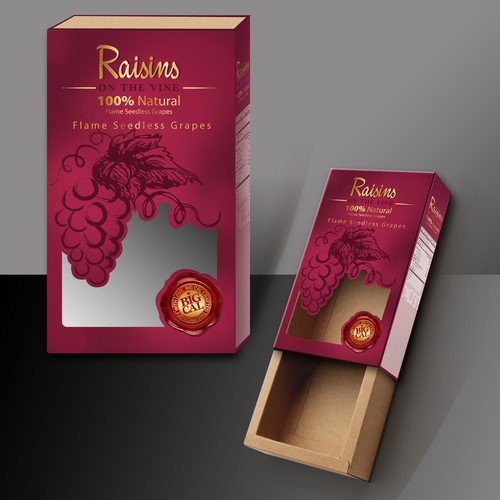 Packet packaging with the title 'Raisins on the vine window box design'