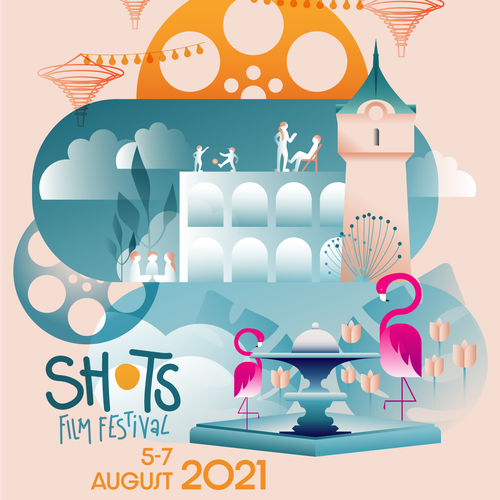 Flamingo design with the title 'Poster design: SHOTS Film Festival 2021'
