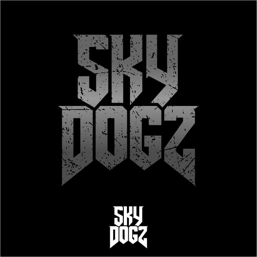 Rolling stone logo with the title 'Bold logo for a rock band, Sky Dogz'