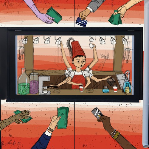 Coffee shop artwork with the title 'Mural illustration for a coffee kiosk'