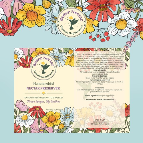 Hummingbird design with the title 'Better Nectar- Hummingbird organic supplement 🌺✨'