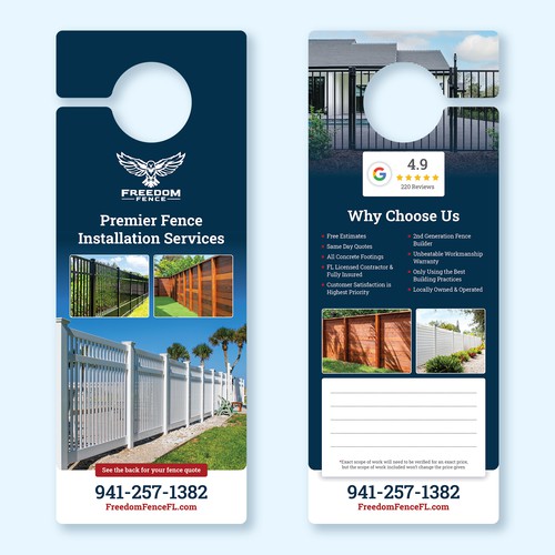 Die cut design with the title 'Door hanger for a fence installation company'