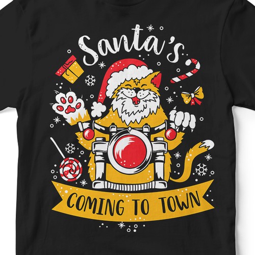 Motorcycle t-shirt with the title 'Santa's coming to town!'